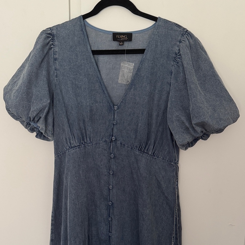 Flying Tomato Button down back tie Denim Puff Sleeve Dress - L